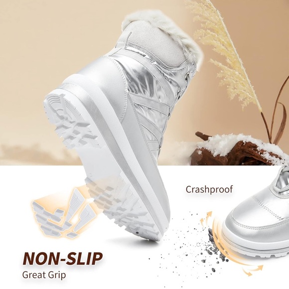 Warm Fur Lined Mid-Calf Boots Waterproof Winter Snow Boots Non-slip - Silver - Picture 4 of 6